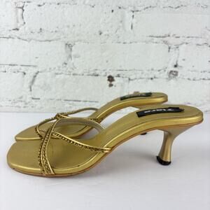 Vintage Y2K Tiara Gold Rhinestone Kitten Heel Sandals 8